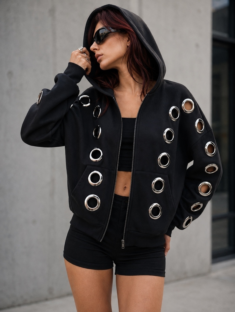 NWT Rave Streetwear Hoodie Oversized Goth Grommet Cutout Zip Black Jacket SZ S